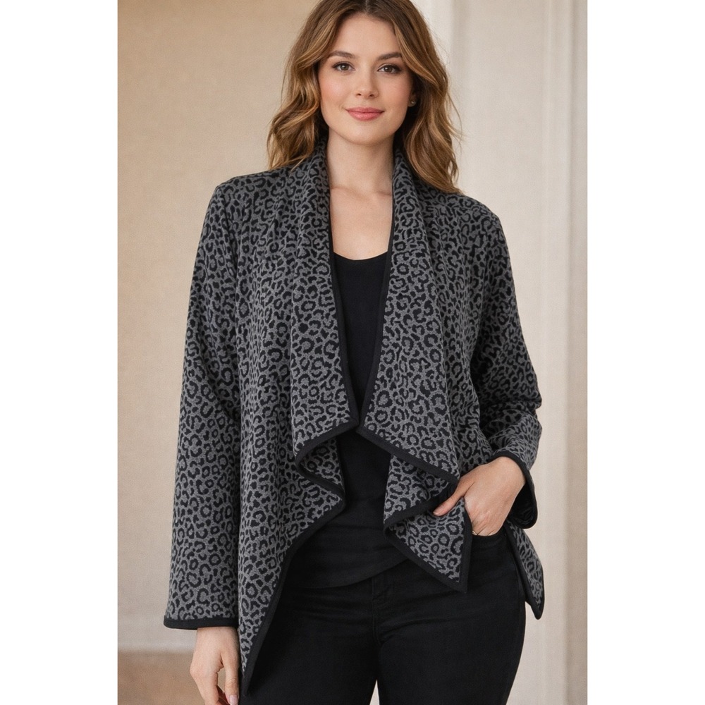 BCBG Max Azria Leopard Print Waterfall‎ Open Front Jacket NWT Size M Gray Black